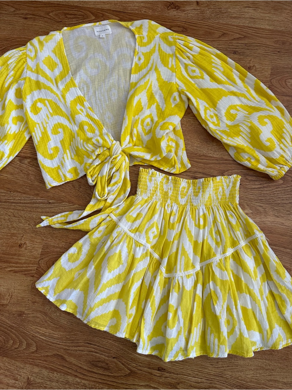 HONORINE Yellow White Gauze Mini Skirt & Wrap Top S